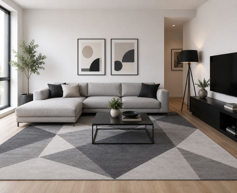 Modern living room with geometric rug design inspiration

