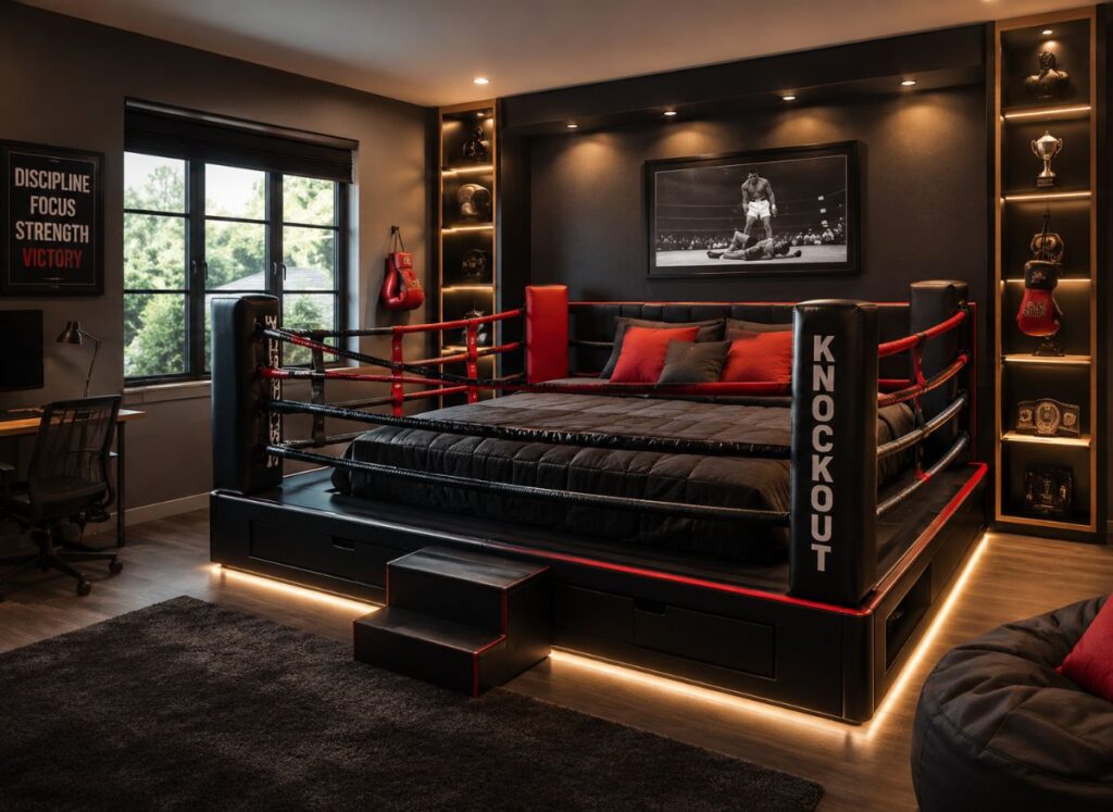 Modern boxing ring bed design in a contemporary bedroom