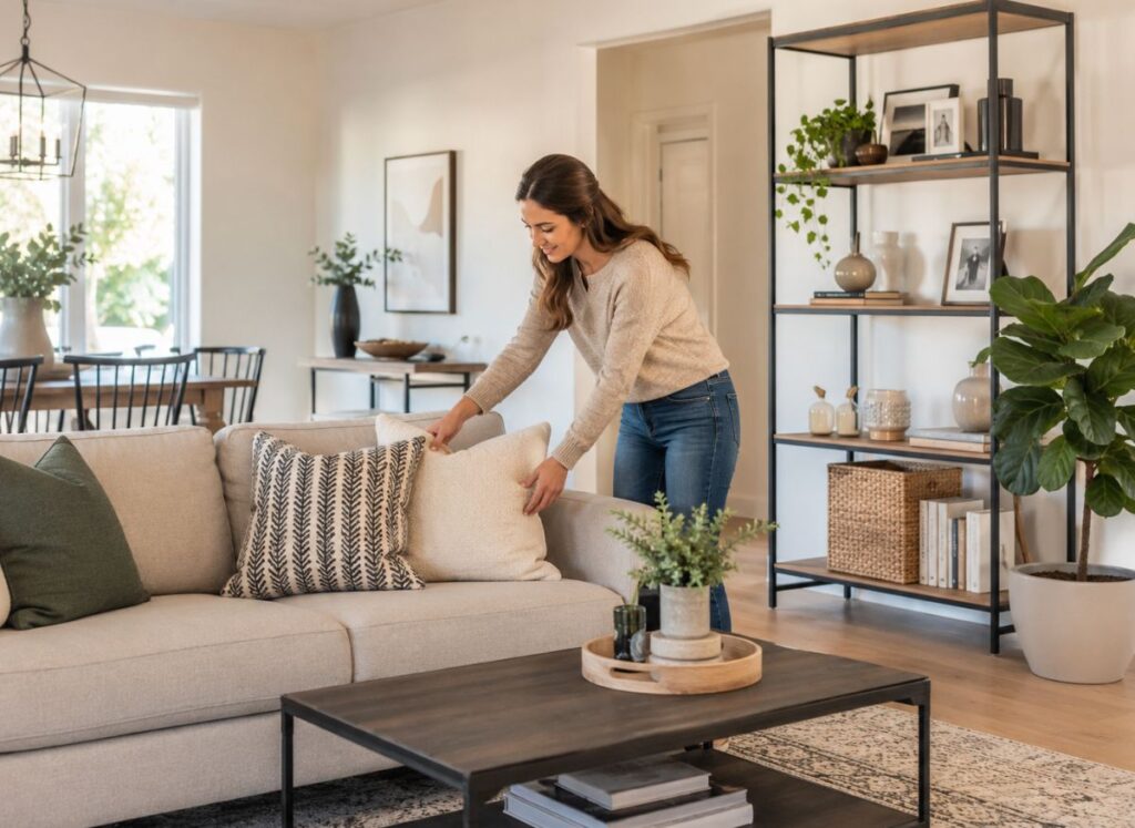 Homeowner organizing and decorating a clean living room