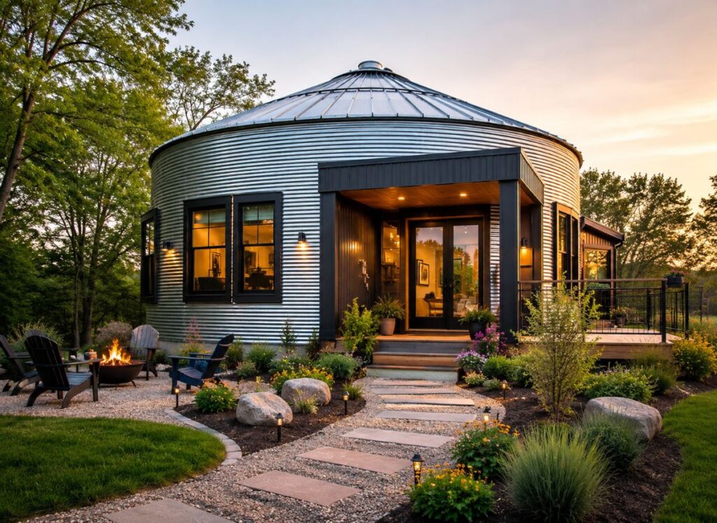 Modern grain bin house exterior in 2026