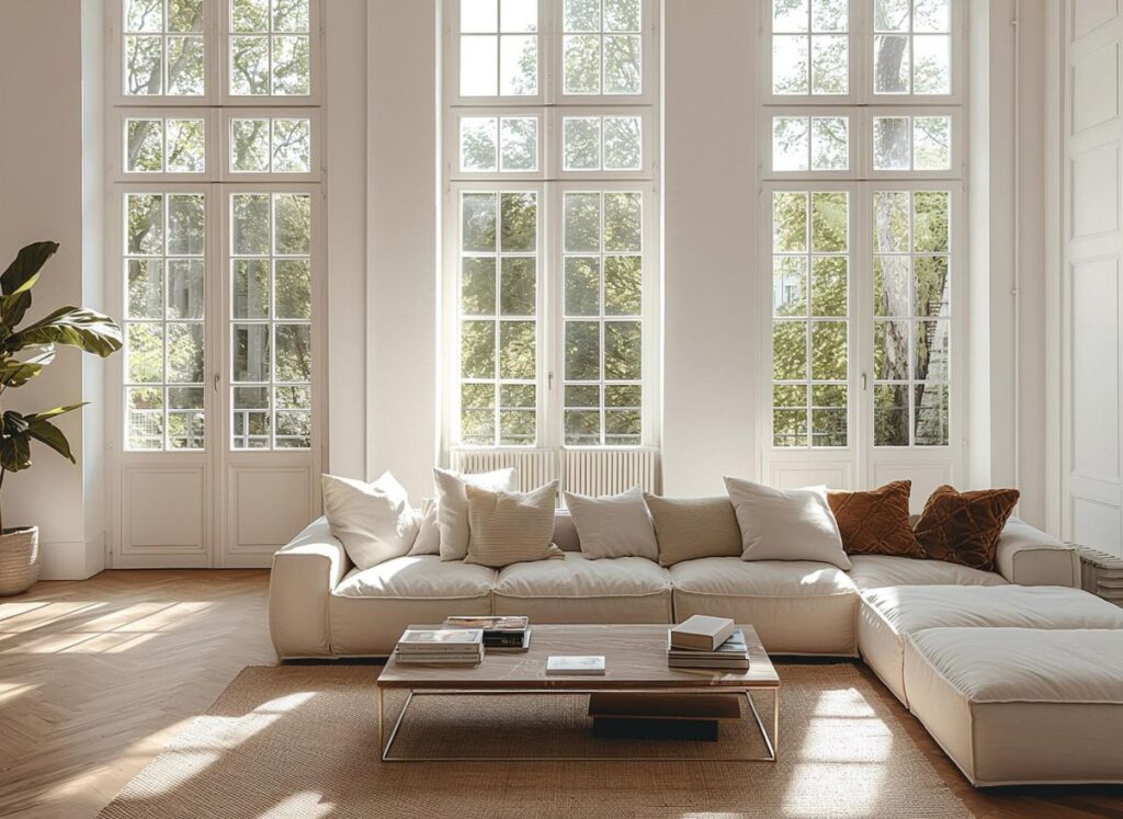 Modern home decor ideas with beige sofa and wooden coffee table