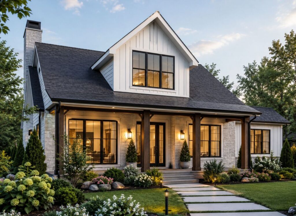 Modern home exterior featuring a stylish gable dormer design with enhanced curb appeal