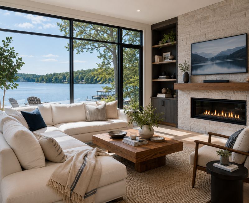 Modern lake home decor with minimalist lakeside living room