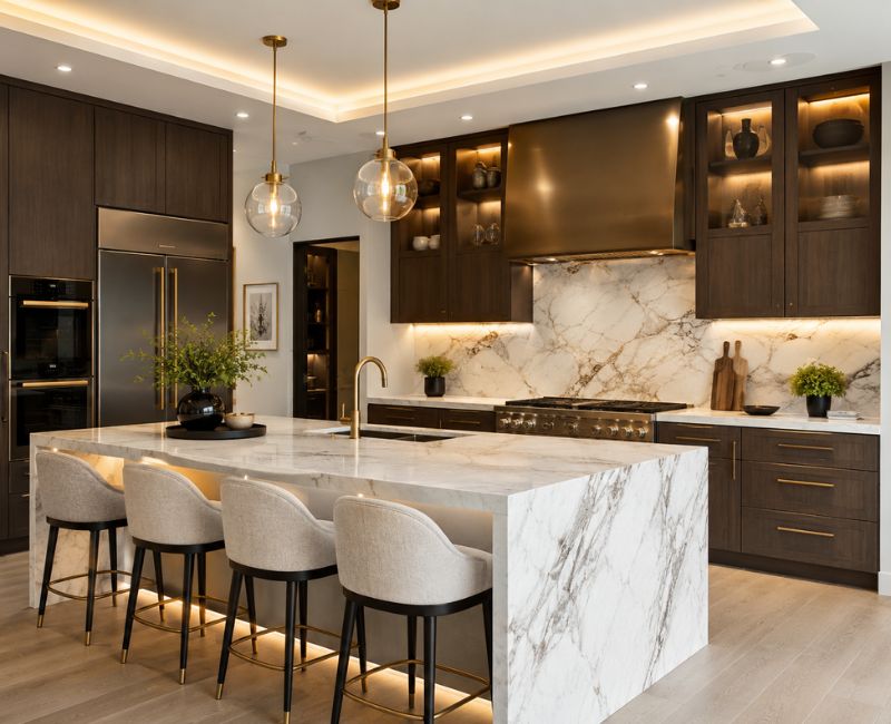 High-end modern kitchen with marble countertops and elegant design