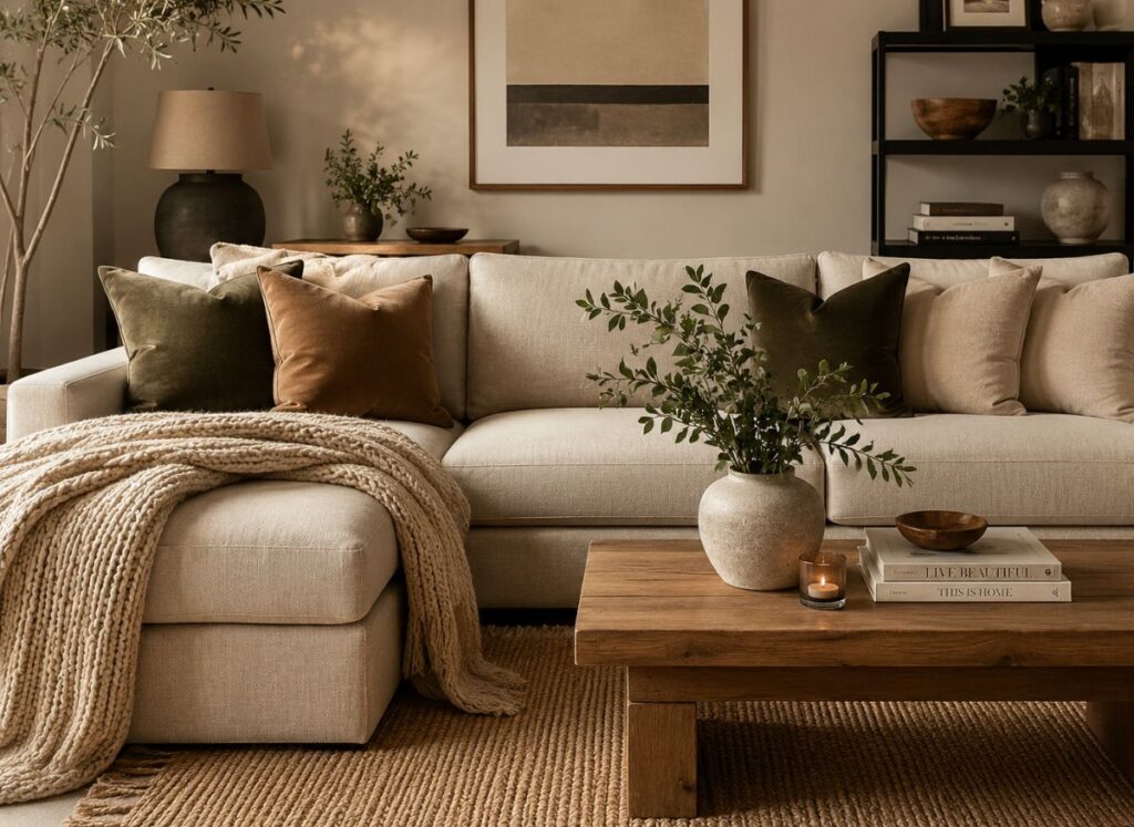 Neutral sofa styled with velvet pillows and knit throw