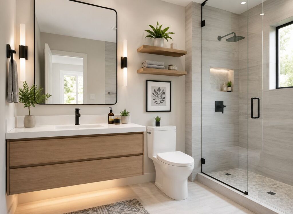 Small bathroom made to feel spacious with light colors
