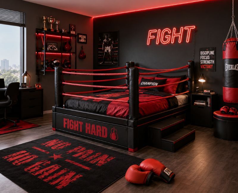 Teen bedroom featuring a black and red boxing ring bed