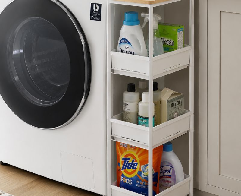 Slim rolling cart for laundry storage

