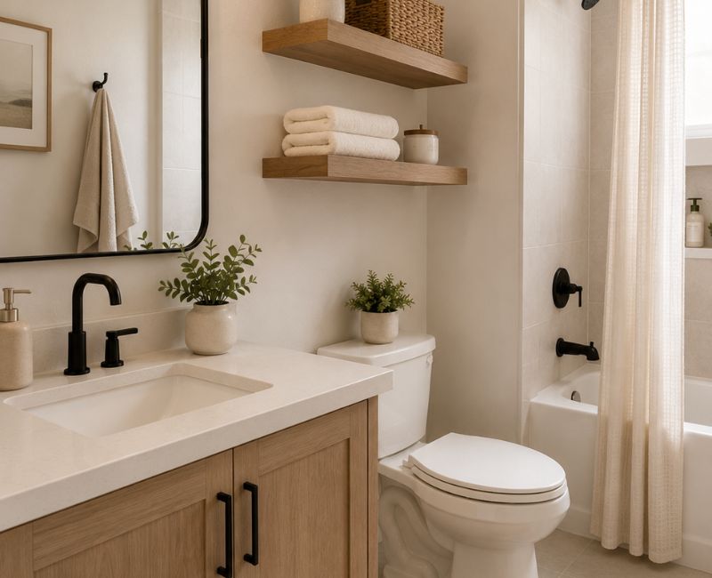 Minimalist bathroom decor with natural wood accents and indoor plant

