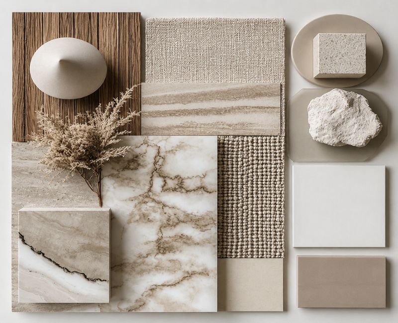 Neutral color palette featuring beige, cream, taupe, marble, and wood textures for modern home decor ideas