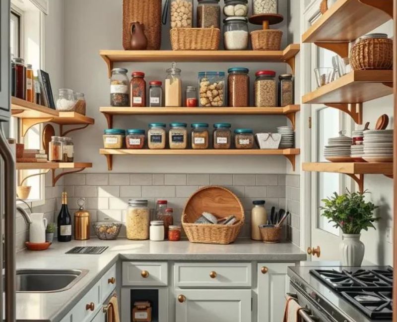 Budget kitchen decor with open shelving