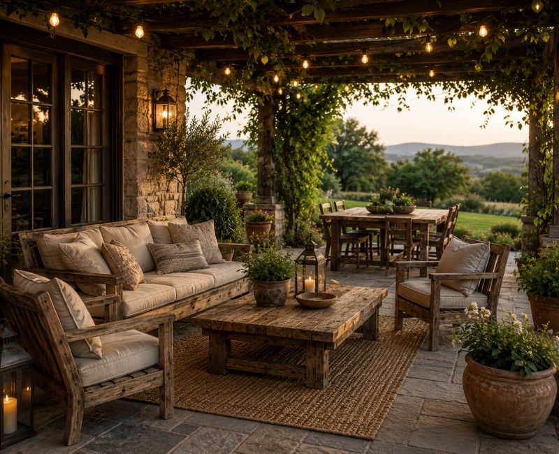 Rustic home decor outdoor patio with wooden furniture and warm lighting