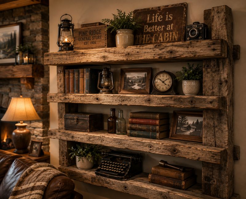 DIY Rustic home decor shelf made from reclaimed wood with vintage accessories