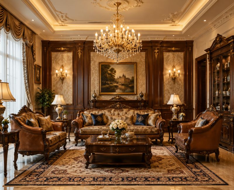 Classic luxury interior with chandelier and wooden royal furniture
