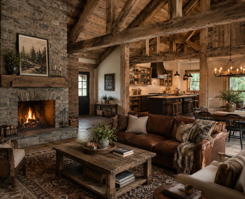 Rustic farmhouse interior with stone fireplace and wooden beams