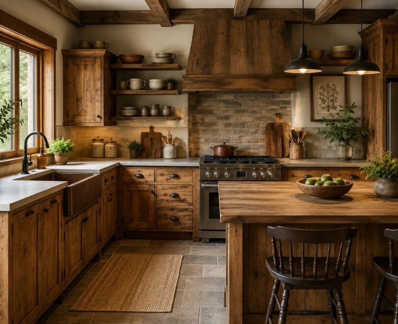 rustic home decor kitchen with wooden cabinets and open shelving design
