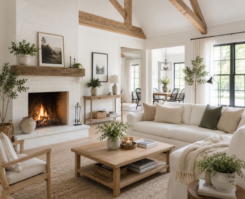 Scandinavian farmhouse living room with minimalist decor