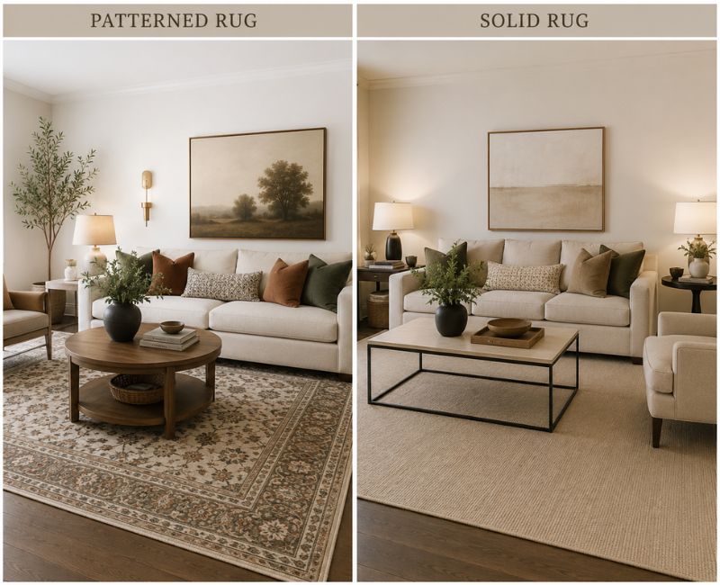 Patterned and solid rug ideas for living rooms