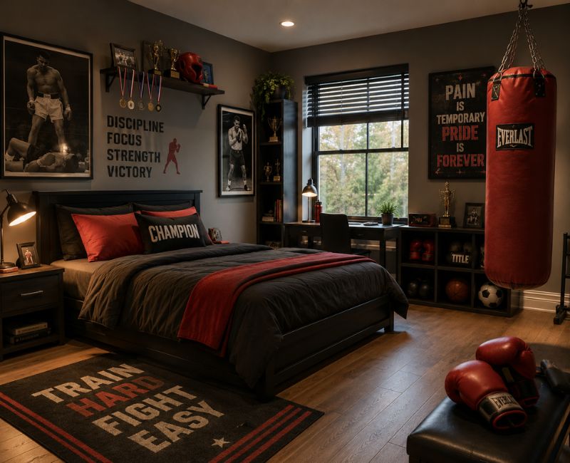 Sports themed bedroom featuring boxing inspired furniture
