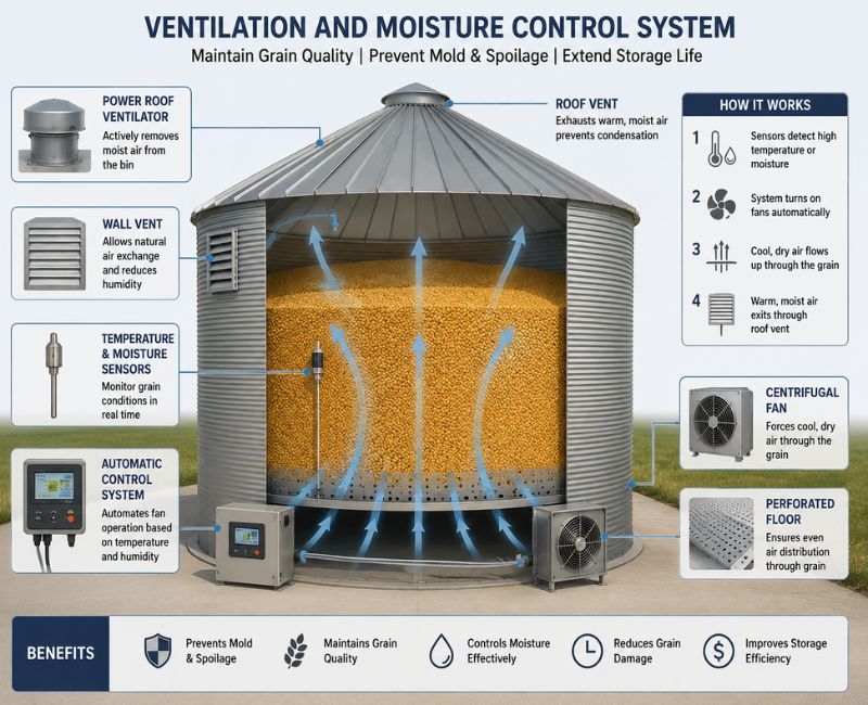 Moisture control in grain bin house

