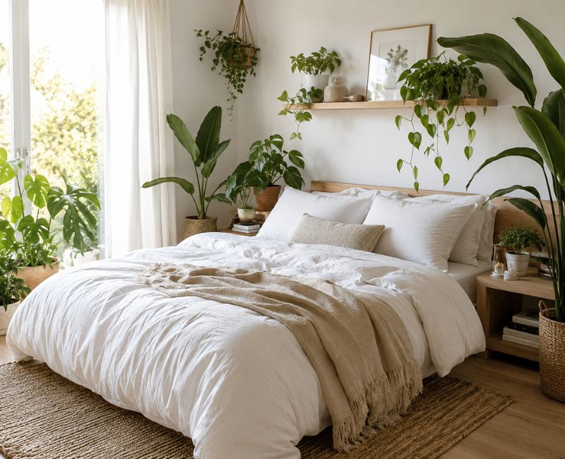 Spring bedroom decor with white bedding
