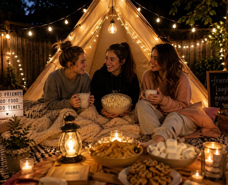 Best friends enjoying backyard camping
