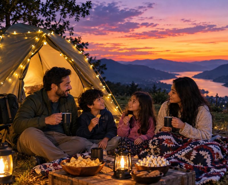 Family enjoying a backyard camping staycation