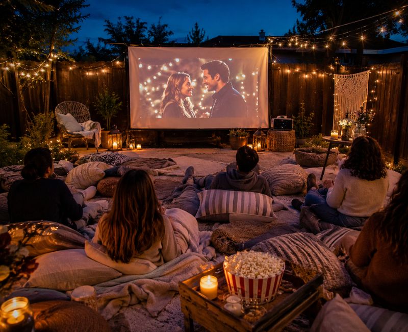 cozy backyard outdoor movie night