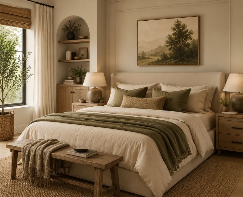 Beige and olive bedroom

