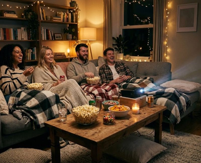 Friends enjoying a cozy movie marathon. Staycation Ideas for Besties.