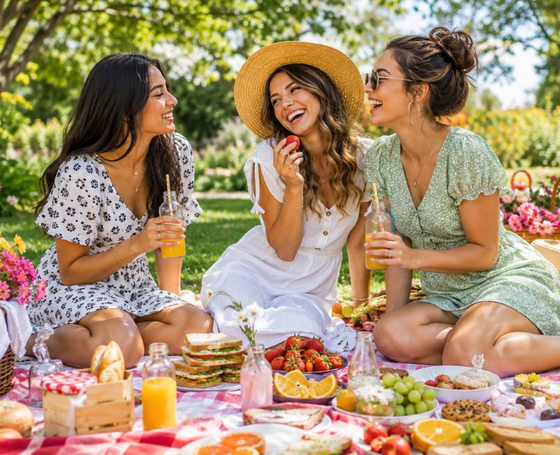 Best friends enjoying an outdoor picnic