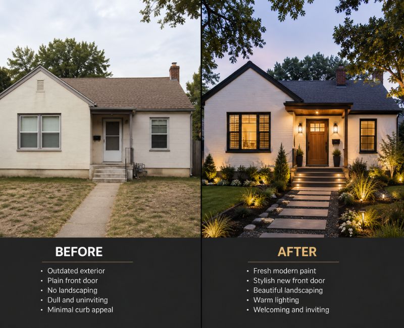 Budget friendly exterior makeover transforming a plain house into a welcoming home