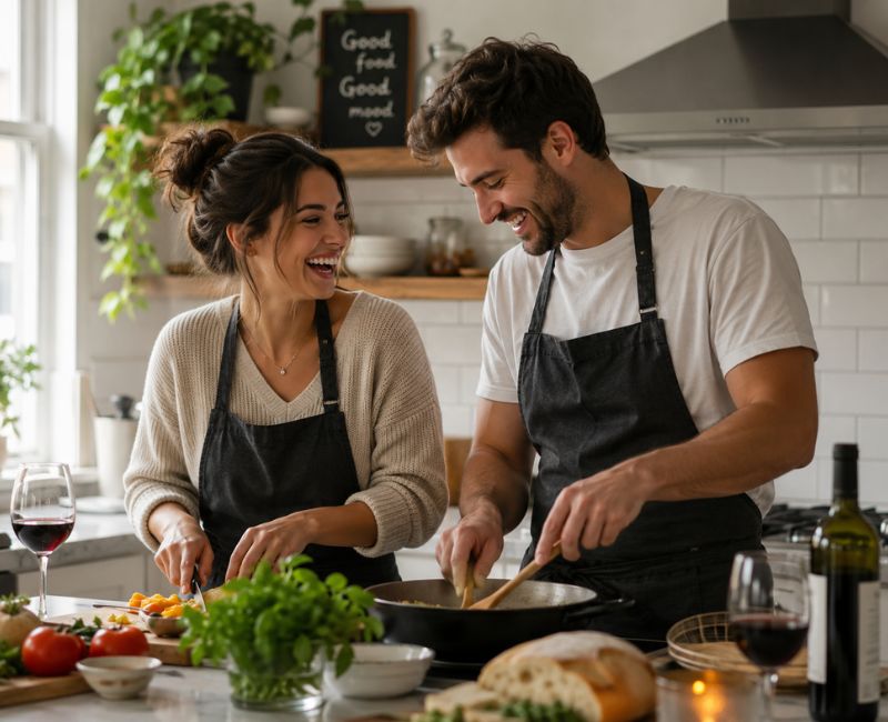  Couple cooking together during a staycation
