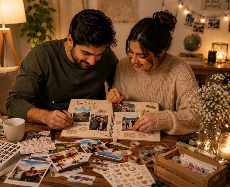  Couple creating a memory scrapbook together

