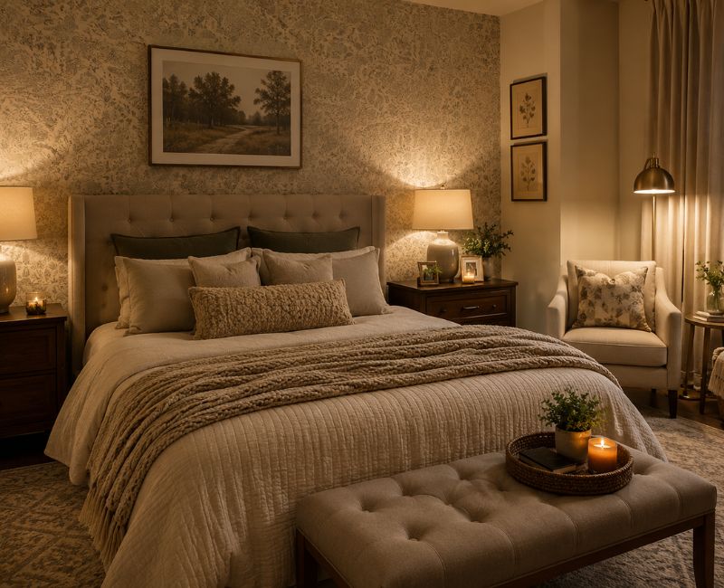 Cozy bedroom with textured wallpaper