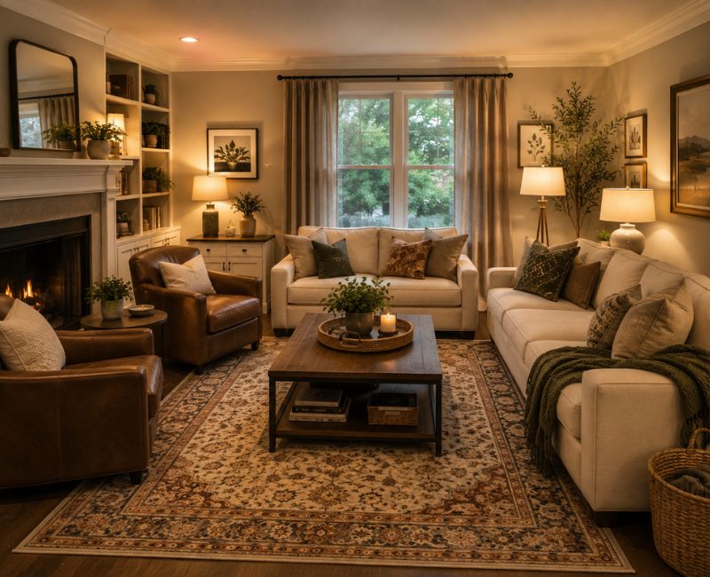 Cozy living room with layered lighting