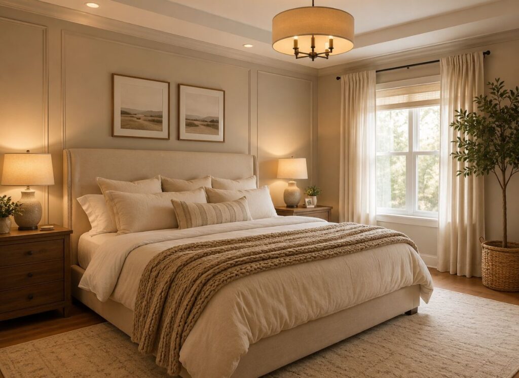 Cozy neutral master bedroom styled with warm layered textiles