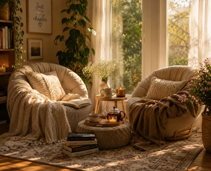Cozy reading corner for two during a staycation
