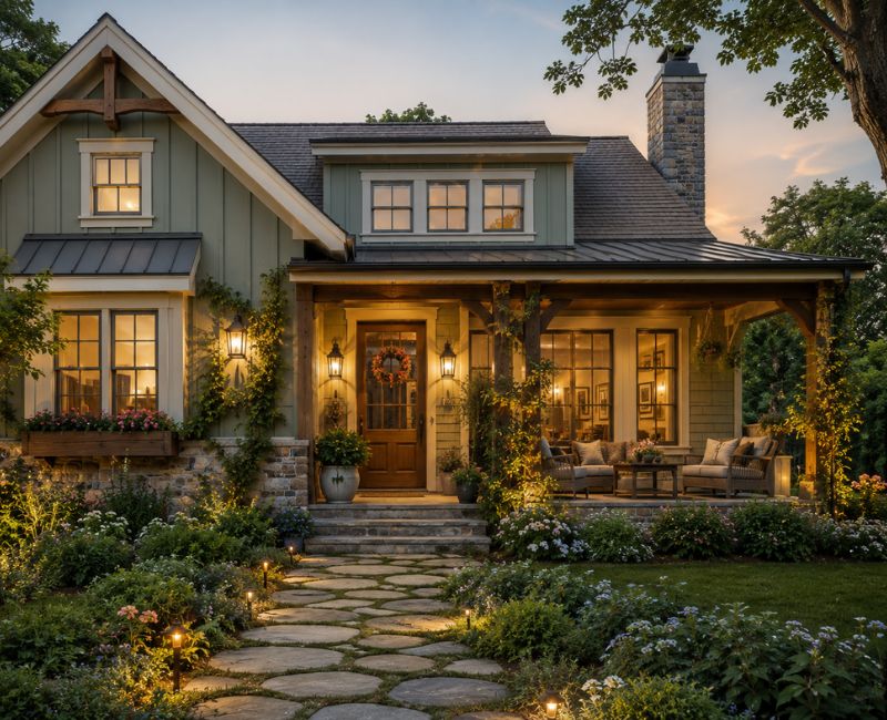 Dreamy Exterior Design DrHomey with natural materials, cozy porch and lush garden


