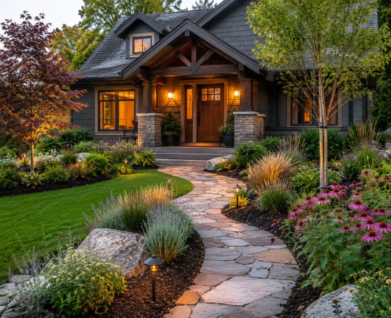 Exterior Design DrHomey landscaping with layered plants and elegant pathways