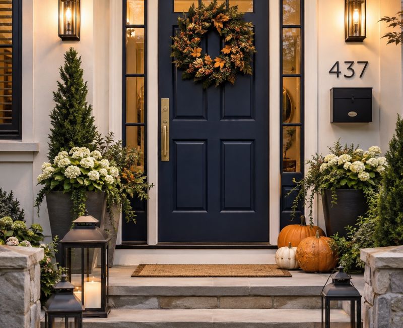 Stylish DrHomey front entryway with welcoming door, lighting and plants

