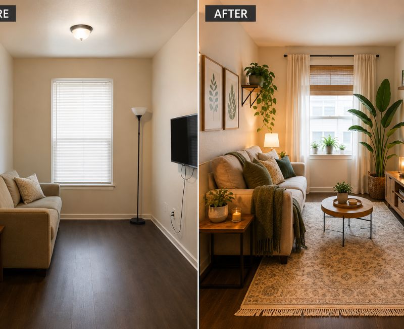Simple home upgrades with plants rugs and better furniture placement

