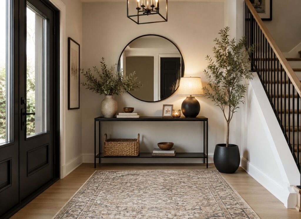 Modern entryway decor with console table and mirror