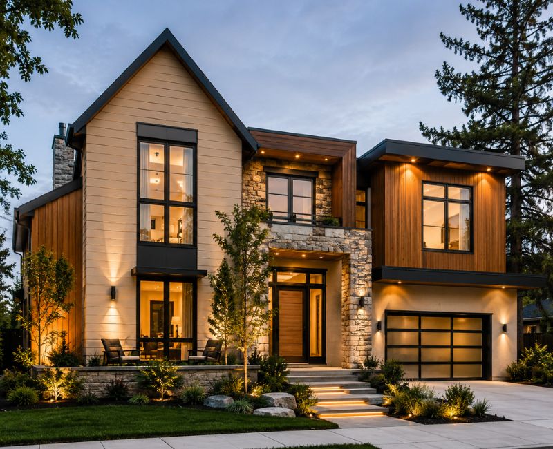 Exterior home design featuring warm colors, wood, stone and modern materials