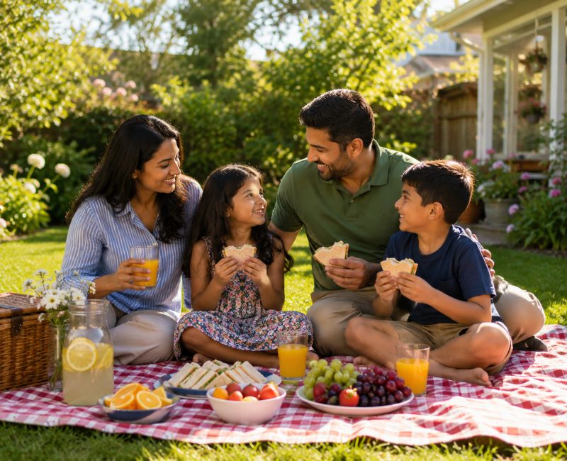 Family enjoying a backyard picnic together