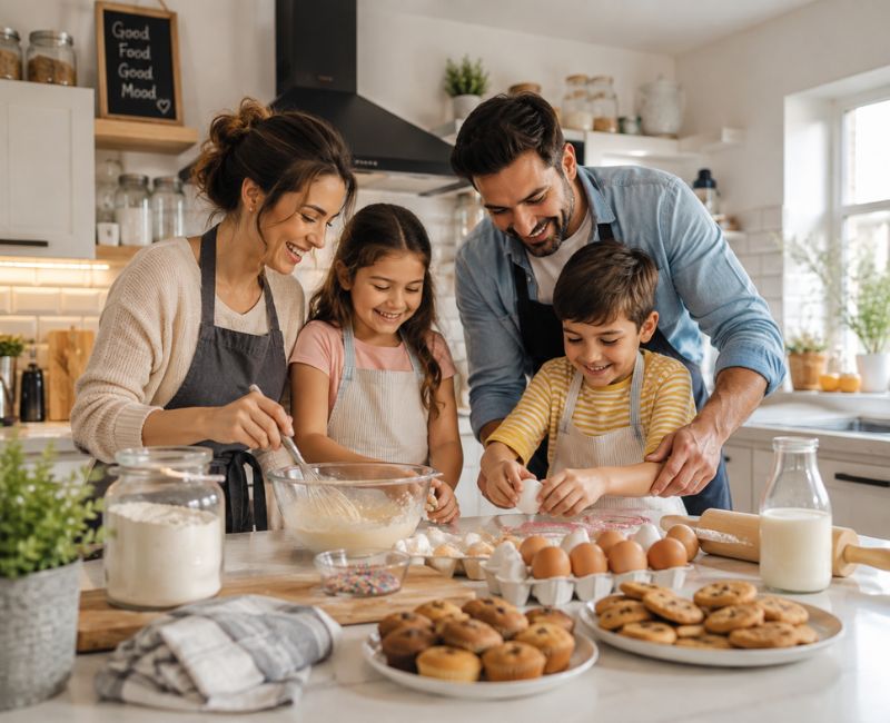 Family cooking together during a staycation