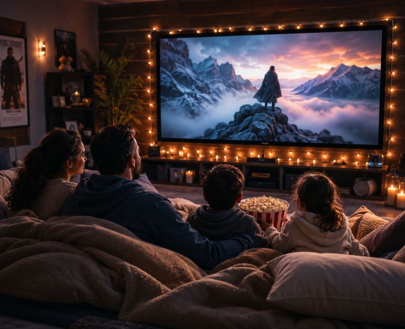 Family enjoying a movie night at home. Staycation Ideas for Family