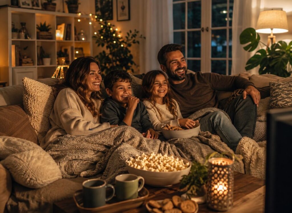 Family enjoying a cozy staycation at home