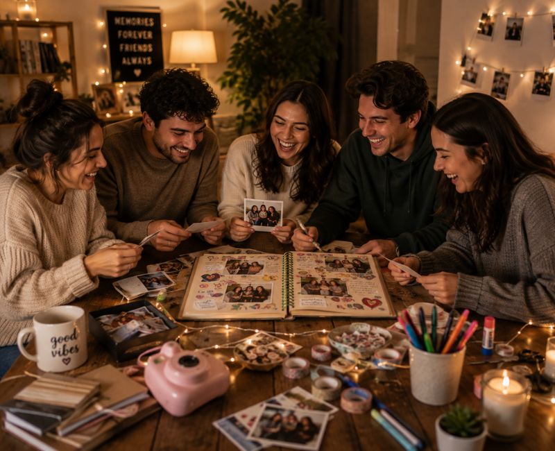 Friends making scrapbook

