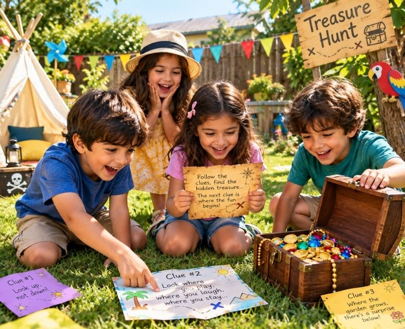 Kids on a backyard treasure hunt
